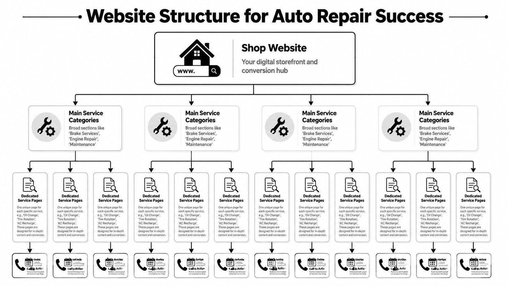 A diagram illustrating a tiered website structure designed for auto repair shop search engine optimization and conversions.