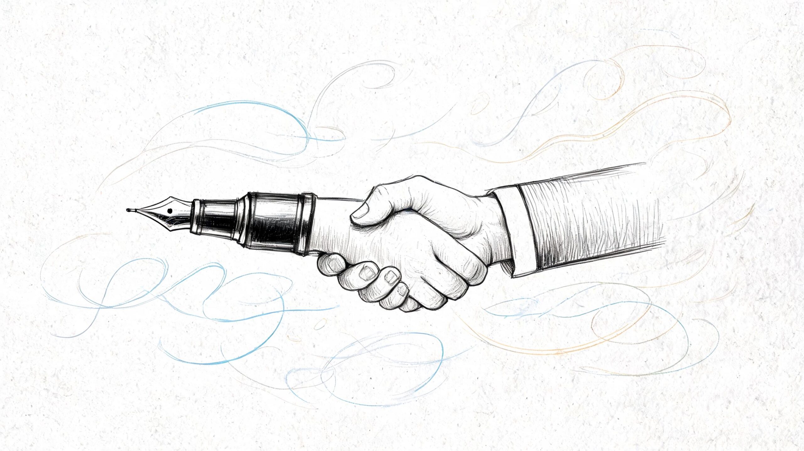 A pencil sketch of a handshake merging with a fountain pen symbolizing a signed legal agreement.