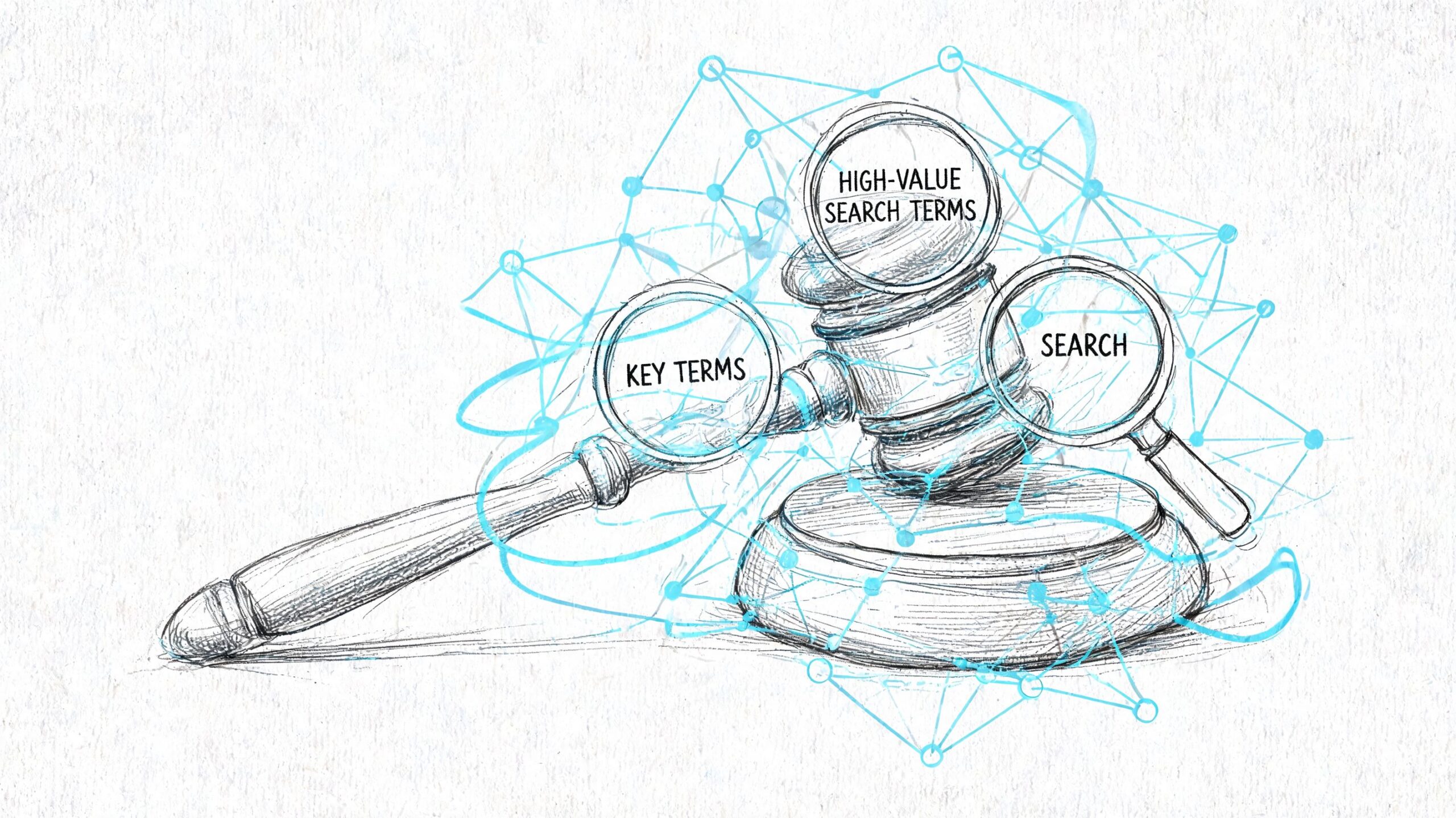 A pencil sketch of a judge's gavel combined with magnifying glasses and digital network nodes, symbolizing legal SEO.