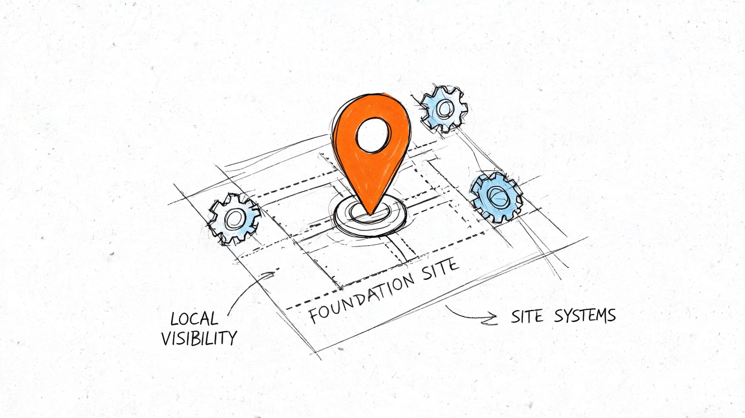 A hand-drawn sketch of a location pin placed on a grid representing a foundation site with gears.