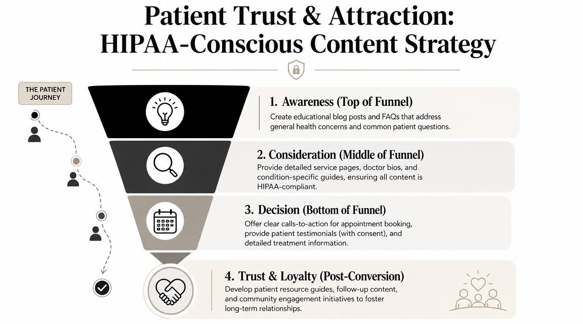 A funnel infographic detailing a HIPAA-conscious content strategy for guiding patients through four stages of engagement.