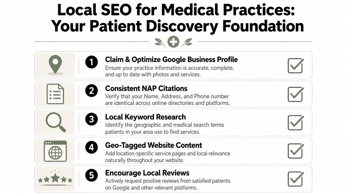 An infographic titled Local SEO for Medical Practices detailing five key steps for patient discovery foundation.