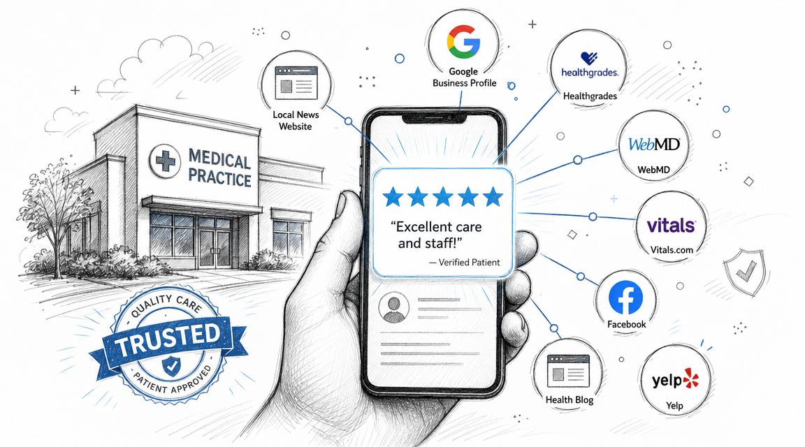 A hand holding a smartphone displaying a five-star patient review for a professional medical practice.