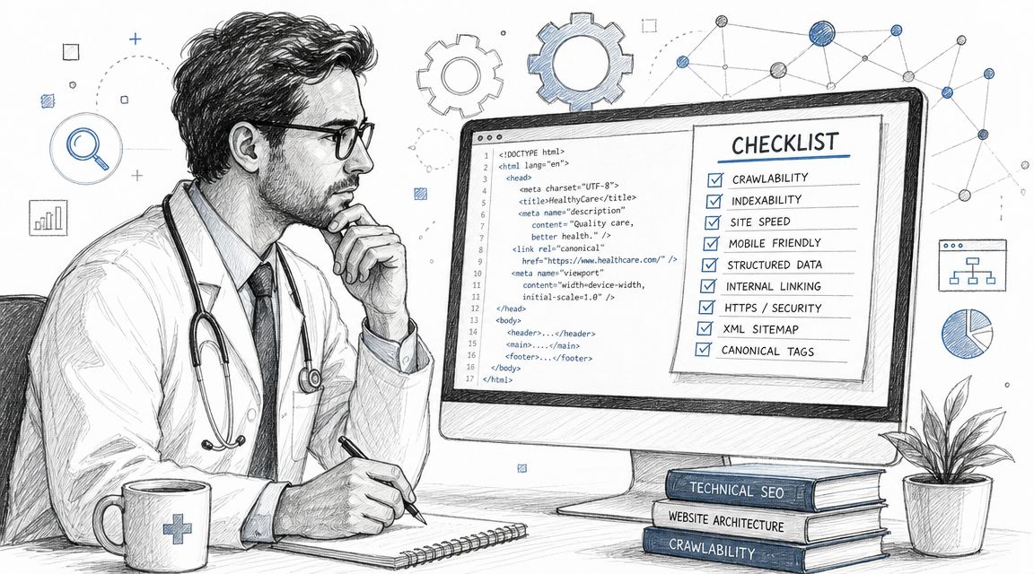 A doctor in a white coat reviewing a technical SEO checklist on a computer screen in his office.