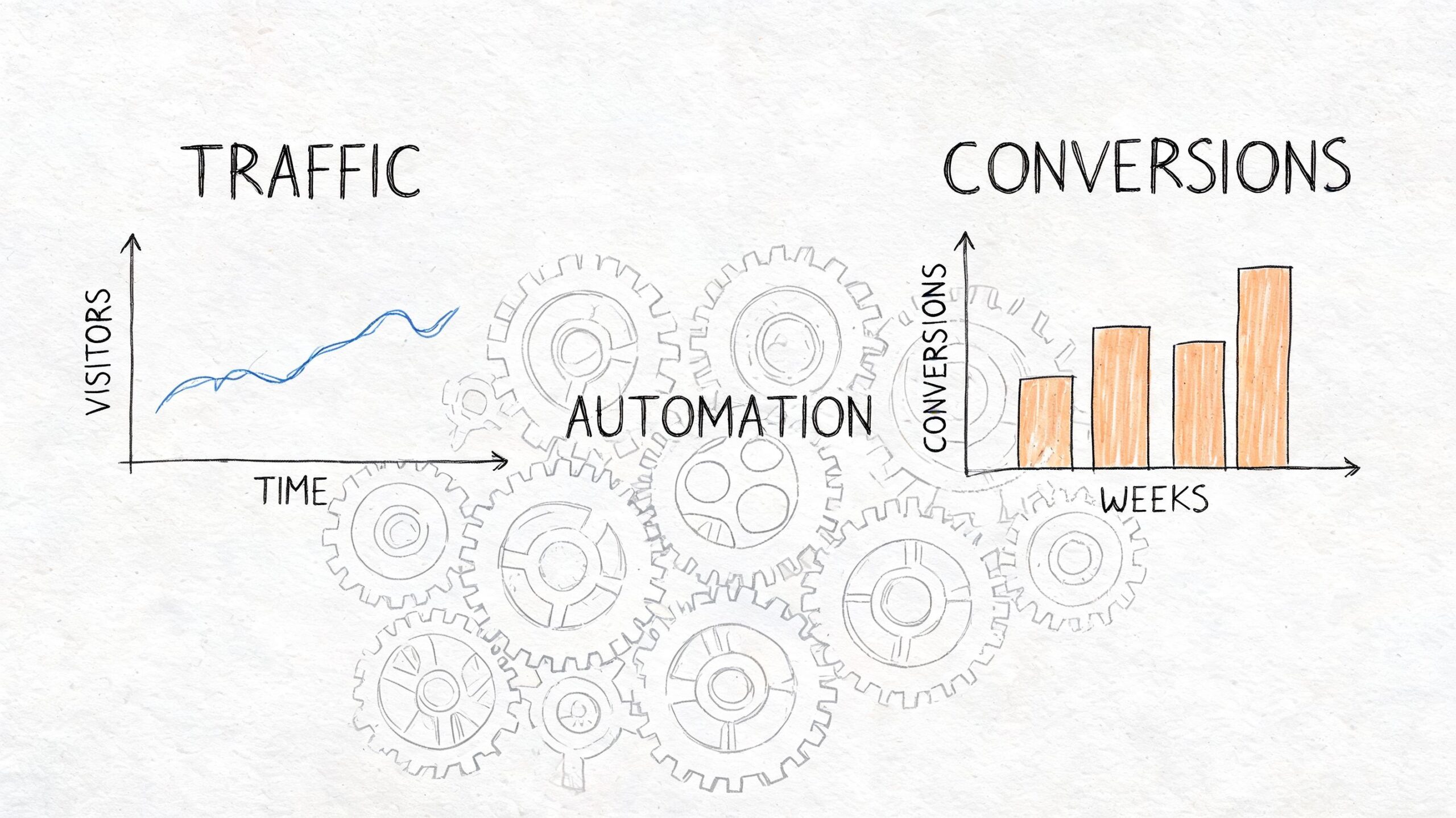 A hand-drawn sketch illustrating how automation drives website traffic and business conversions over time.