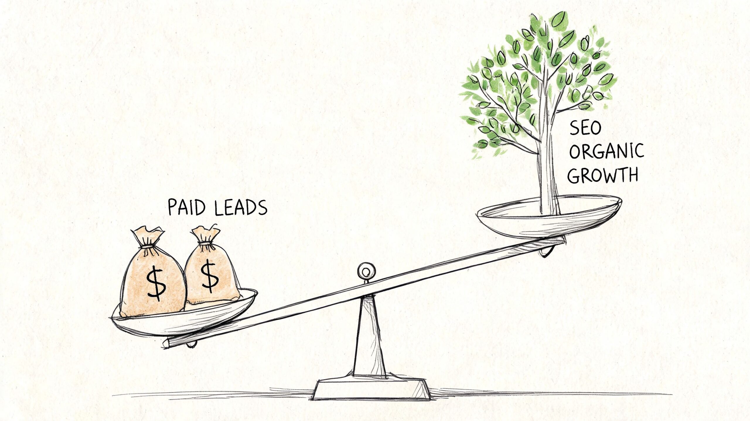 A scale weighing paid leads against organic growth tree to show value of SEO for real estate.