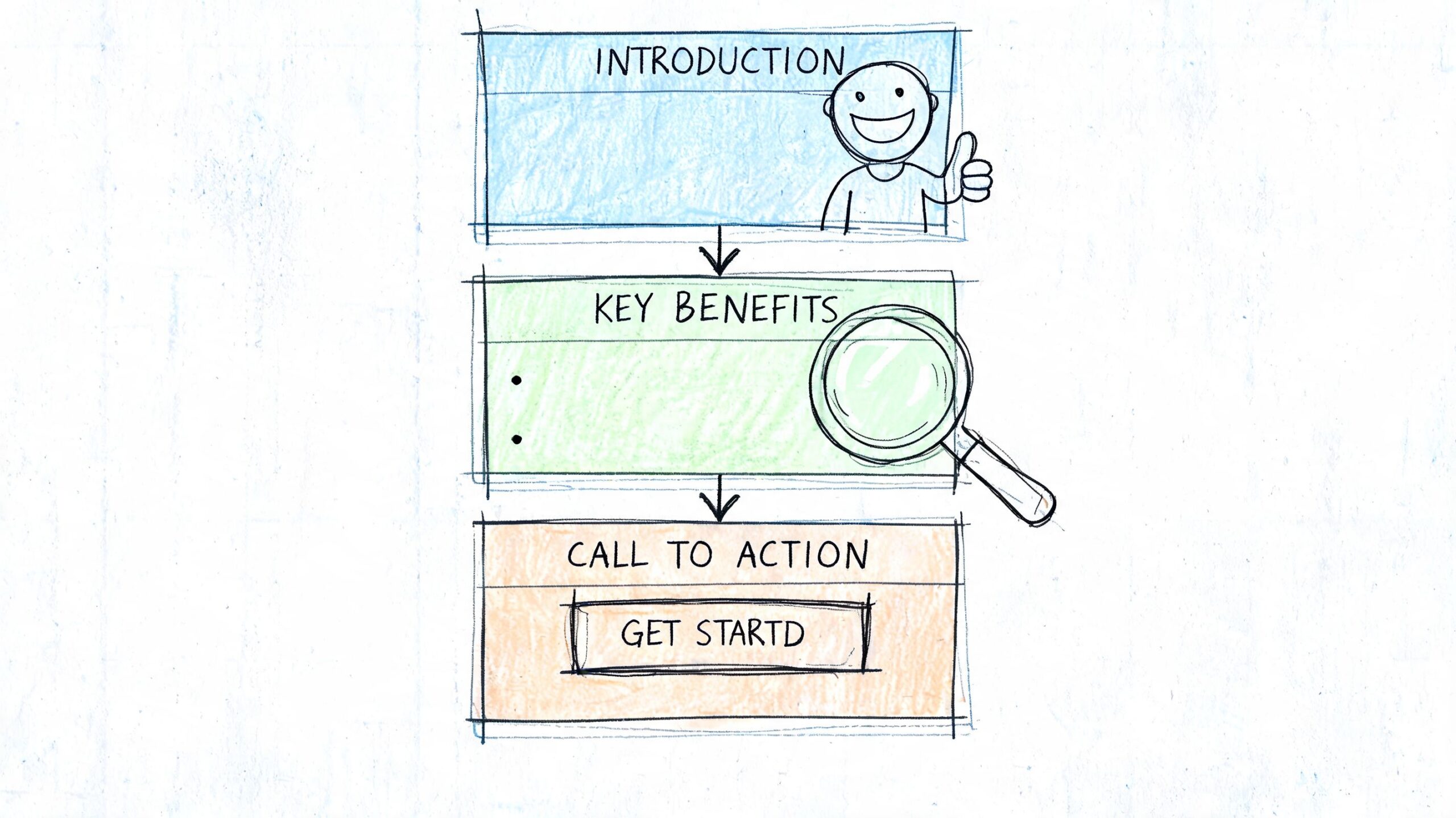 A hand-drawn flowchart illustrating a website layout with an introduction, key benefits section, and call to action.