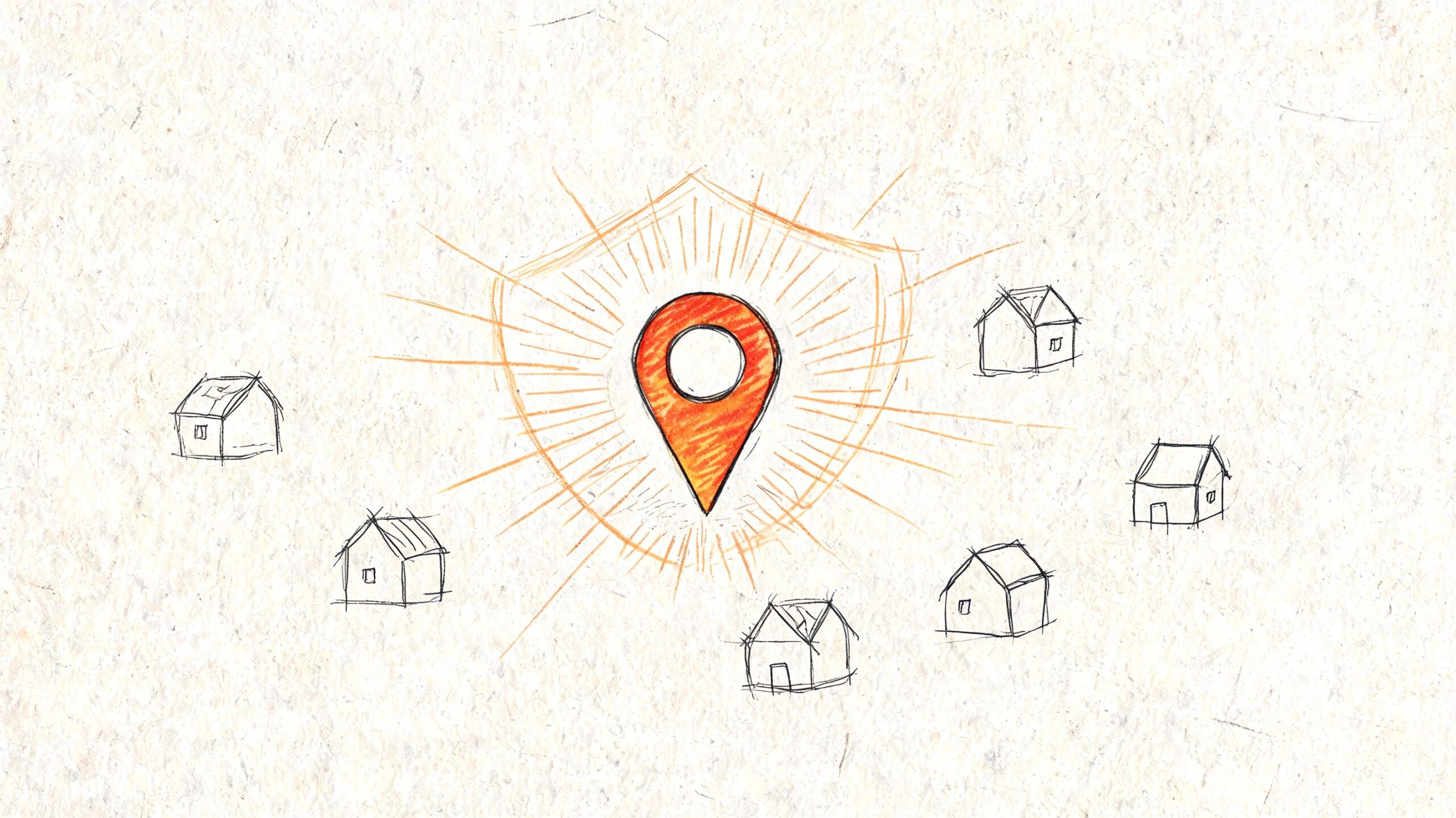 A sketched illustration of a red map location pin inside a glowing shield surrounded by small houses.
