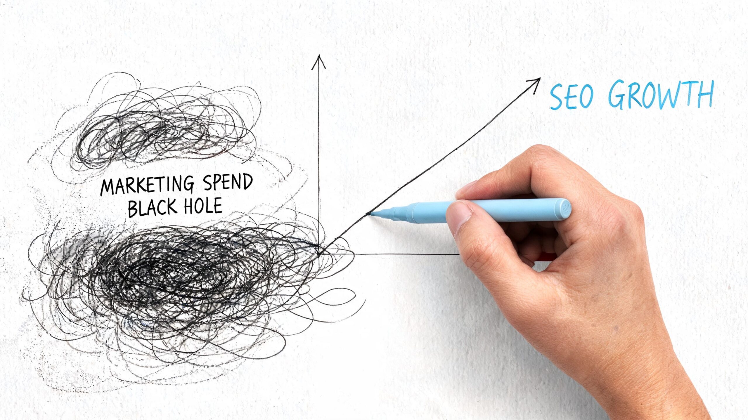 A hand drawing a line graph illustrating SEO growth alongside a chaotic marketing spend black hole.