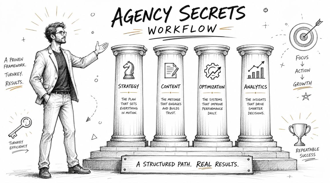 A professional drawing representing an agency secrets workflow featuring four pillars labeled strategy, content, optimization, and analytics.
