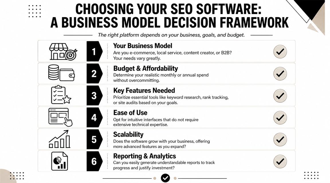 A visual framework with six numbered steps for selecting the ideal SEO software for your business.