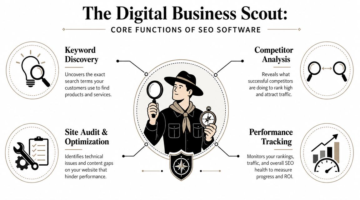An infographic titled The Digital Business Scout detailing the four core functions of SEO software for businesses.