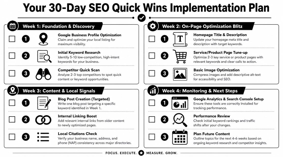 A 30-day SEO quick wins implementation plan infographic for small business owners and digital marketers.