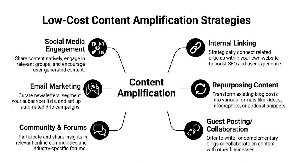 A diagram outlining six effective, low-cost strategies for businesses to amplify their online content and reach.