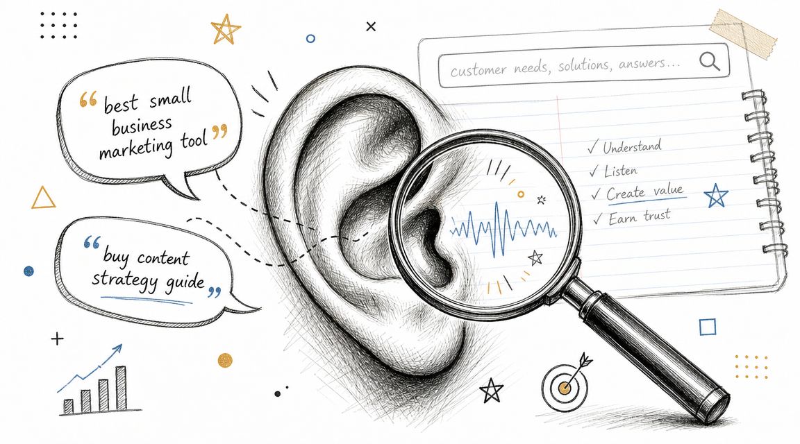 A pencil-sketch style illustration of an ear, a magnifying glass, and a notepad representing content strategy.