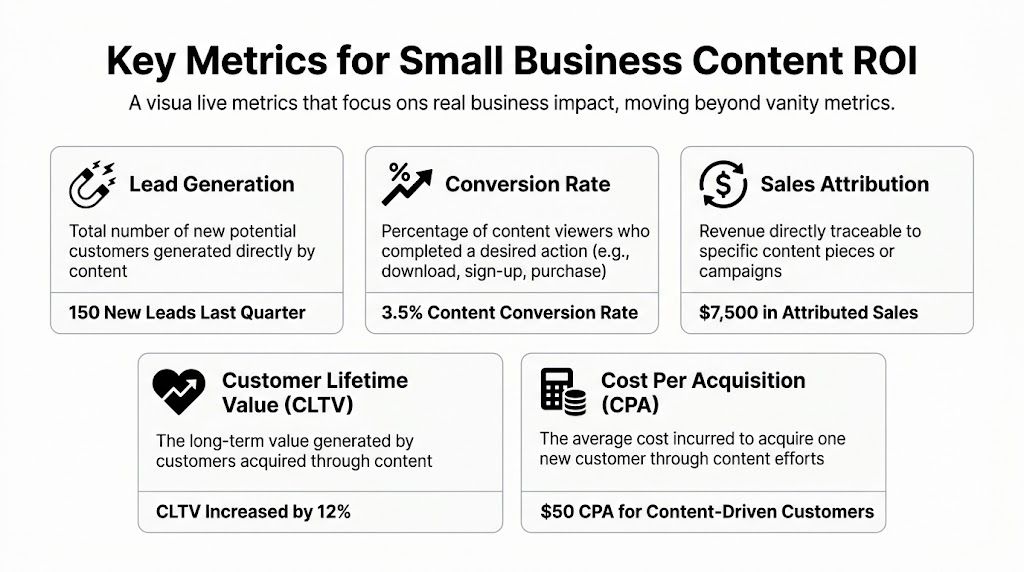 An infographic showing five key metrics for measuring small business content marketing return on investment.
