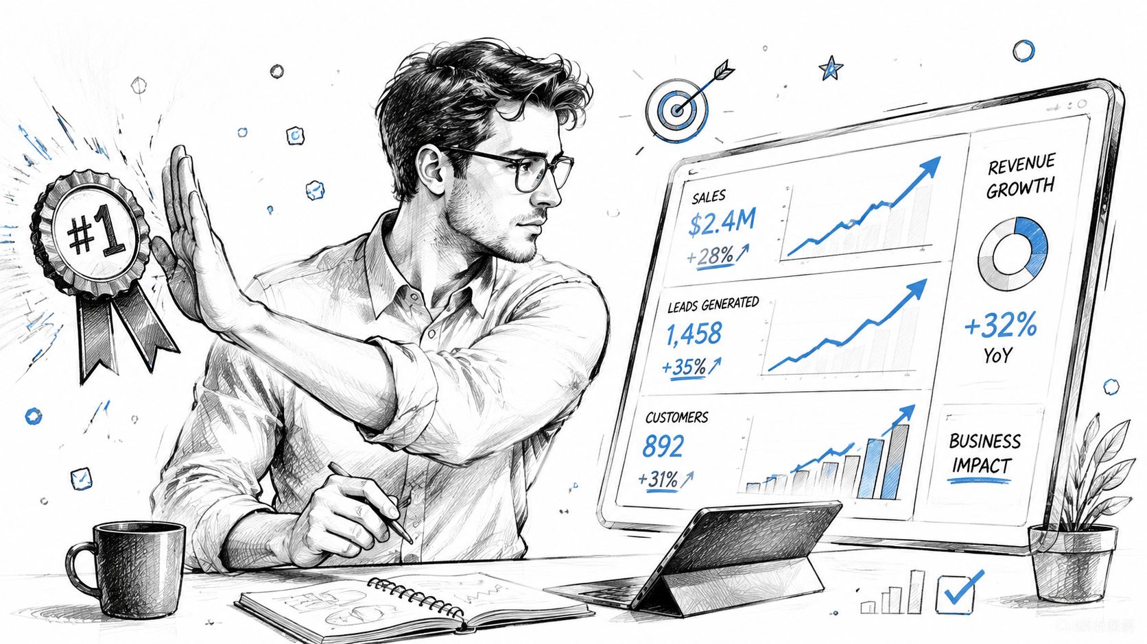A professional man gesturing towards a digital dashboard showing business growth metrics and positive analytical trends.