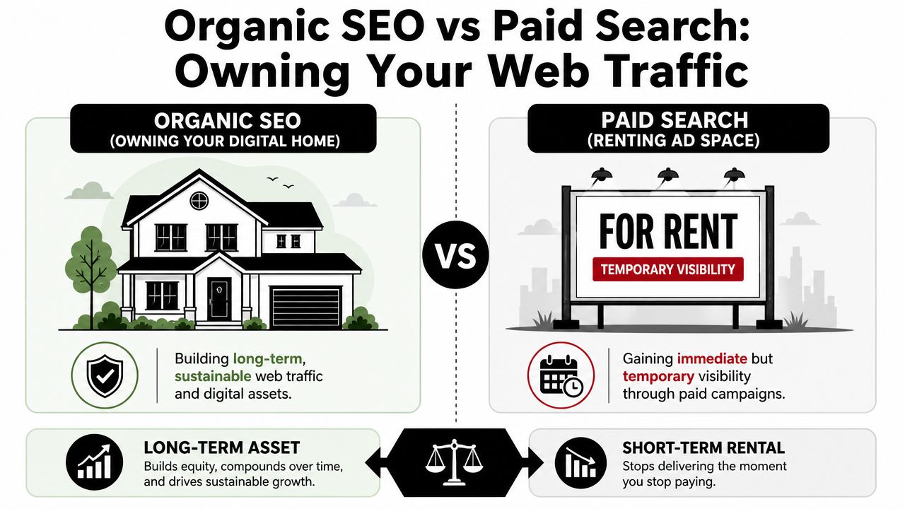 A comparison infographic between organic SEO and paid search, illustrating long-term ownership versus temporary advertising rentals.