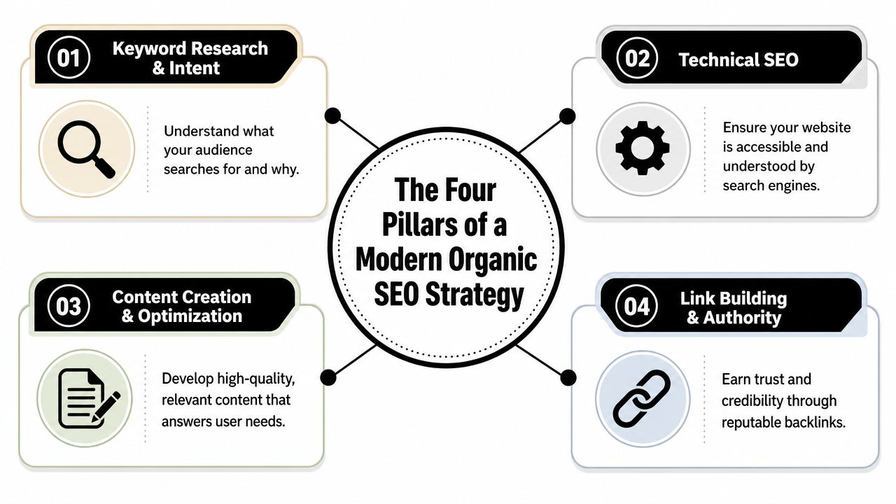 A diagram illustrating the four pillars of a modern organic SEO strategy, including research, technical, content, and links.
