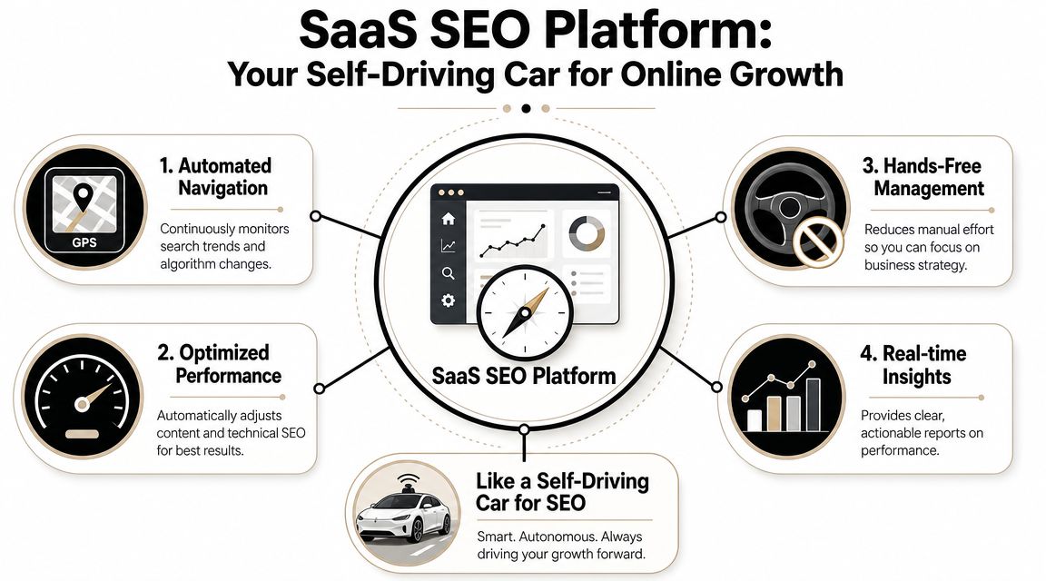 A diagram comparing a SaaS SEO platform to a self-driving car for automating online business growth.