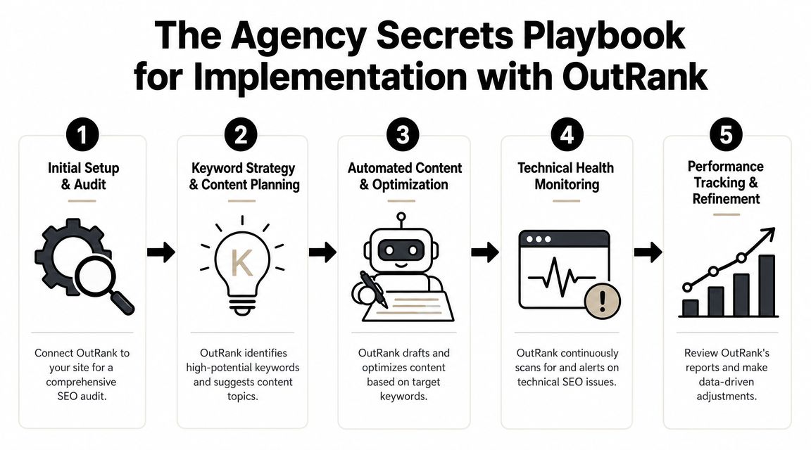 A five-step workflow diagram illustrating the implementation process for the OutRank SaaS SEO platform.