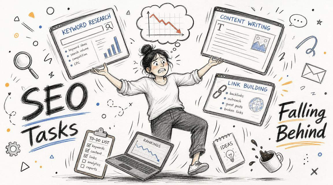 A stressed woman juggling various SEO tasks like keyword research, content writing, and link building amid rankings decline.