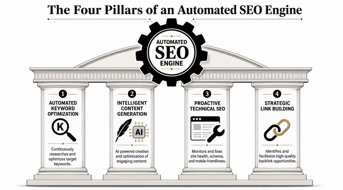 A graphic depicting four pillars of an automated SEO engine including keyword research, content, technical, and links.