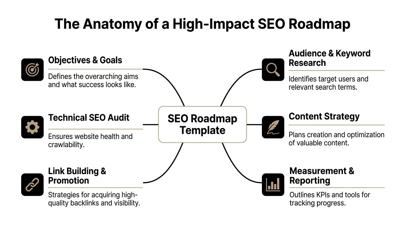 A diagram outlining the key components of an SEO roadmap template, including research, strategy, and technical audits.