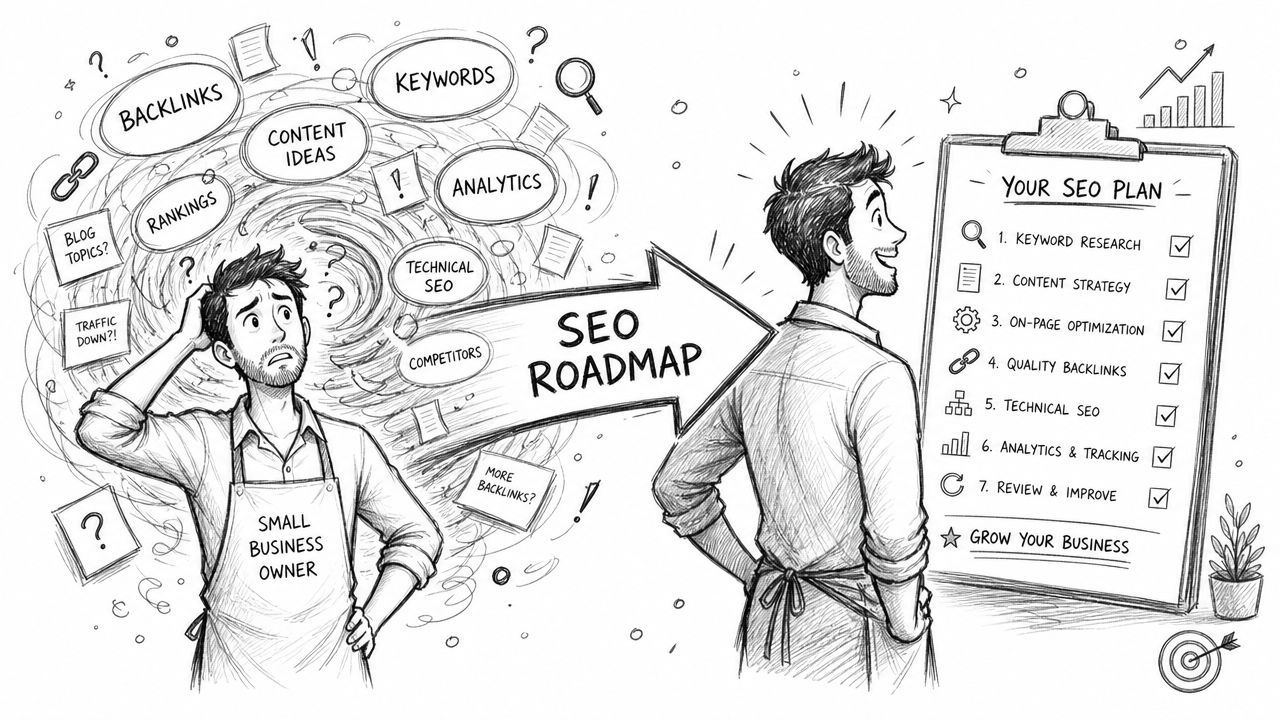 A small business owner transitioning from confused SEO planning to a clear organized seven step roadmap.