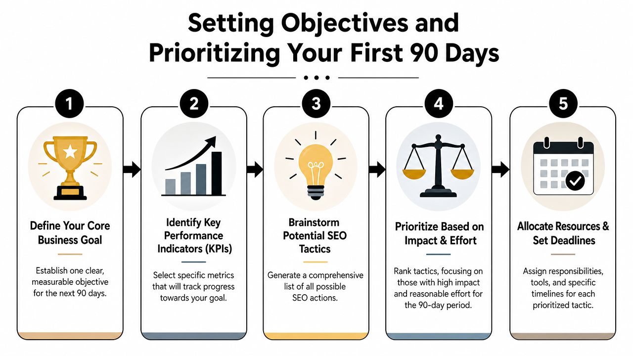 A five-step infographic guide titled Setting Objectives and Prioritizing Your First 90 Days for business strategy.
